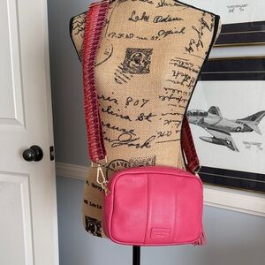 Chic Pink Crossbody Bag with Striped Strap